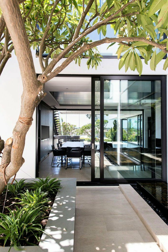 Glastür-moderne-Wohnung-räumlich-sommerliche-Atmosphäre-exquisit-stilvoll-Baum