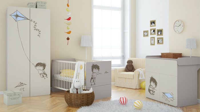 Kinderzimmer-Schrank-Möbel-Set-Creme-Farbe-Babybett-Mobile-feines-Design-Rattankorb-Sessel-Streifen