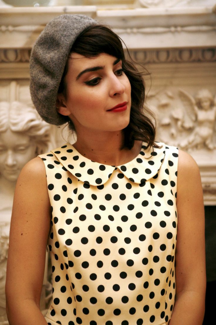 Mädchen-Polka-Dot-Kleid-Barett-Mütze-Wolle-grau-schick-modern