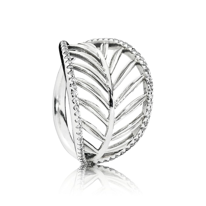 Pandora-Ring-Silber-tropisches-Palmblatt-Form