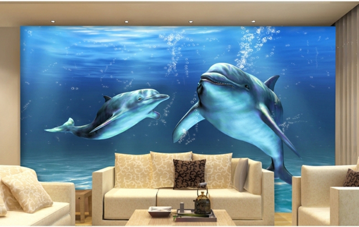 Wandgestaltung-Wohnzimmer-luxurios-marin-delfine-motive