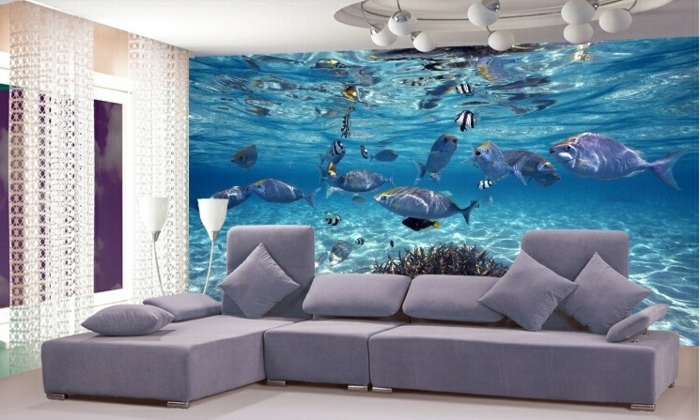 Wandgestaltung-Wohnzimmer-unterwasser-welt-große-sofa