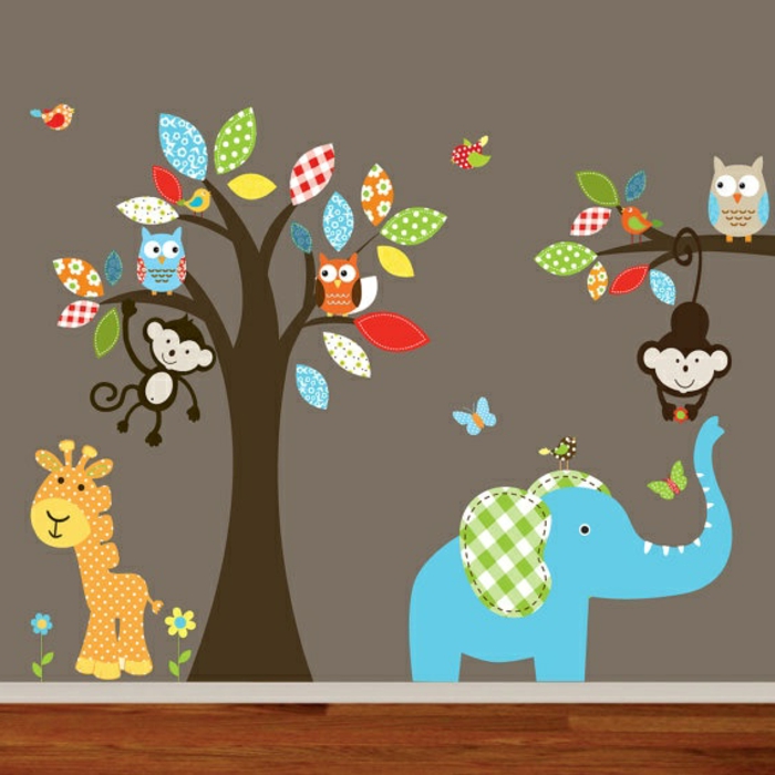 graue-Wand-Kinderzimmer-wandsticker-Dschungel-Baum-Elefant-Giraffe-Vögel-Affen