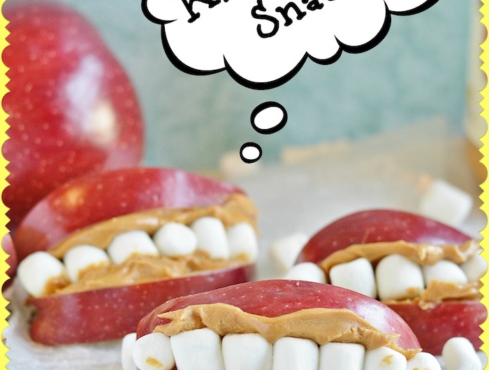 kinder zähne snacks aus äpfeln erdnussbutter marshmallows originelle ideen halloween rezepte fingerfood party kinder häppchen