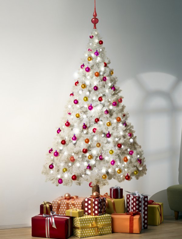 koketter-weihnachtsbaum-künstlich-weiss-bunte-Kugeln-Geschenke
