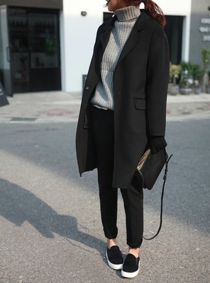man-style-Mantel-Damen-schwarz-grauer-Pullover