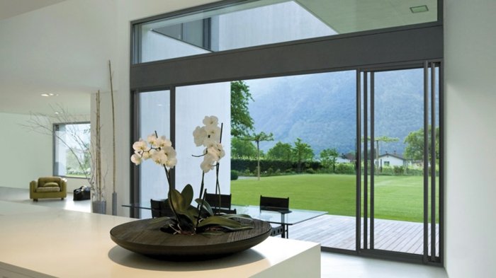 modernes-Haus-Ferienhaus-Schiebetüren-Glas-Ausblick-weiße-Wände-Orchideen