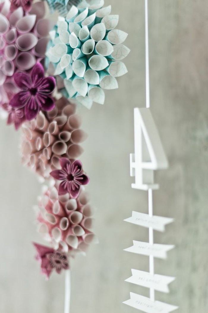 origami-Dekoration-Papierblumen-zärtliche-Farbschemen