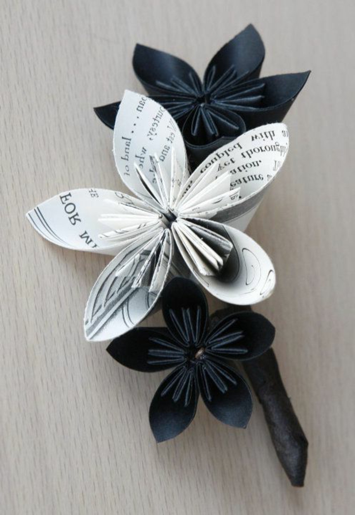 schwarz-weiße-origami-blumen-handgemacht-schöne-Zusammensetzung-Jacke-Dekoration