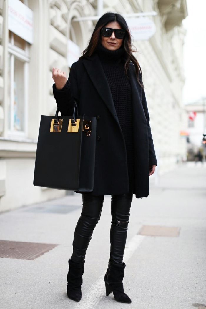 schwarzer-Mantel-Mango-Lederhosen-elegante-Tasche
