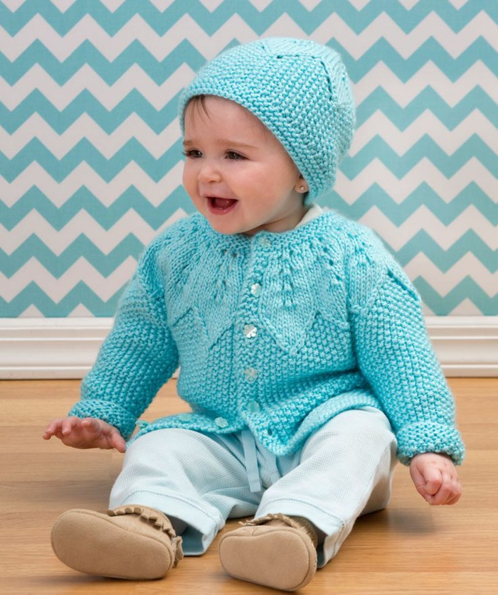 Baby-Pullover-stricken-blau-süss-mit-mütze