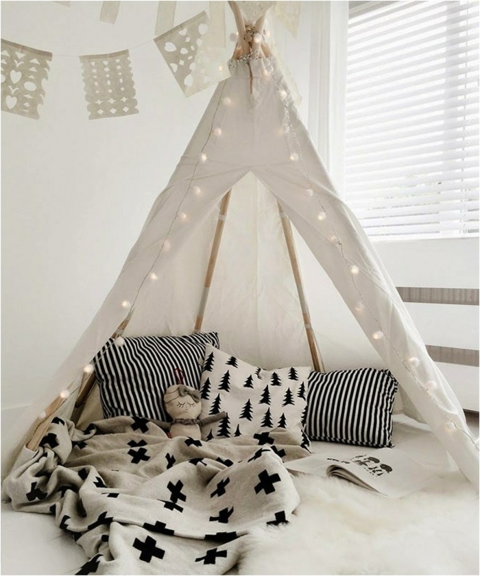 Boho-Kinderzimmer-Gestaltung-weißes-tipi-Zelt