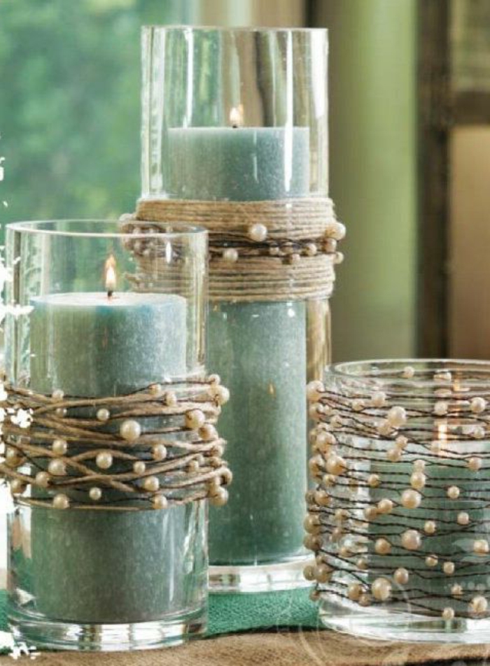 DIY-Deko-rustikaler-Stil-grüne-Kerzen-Schnur-Perlen