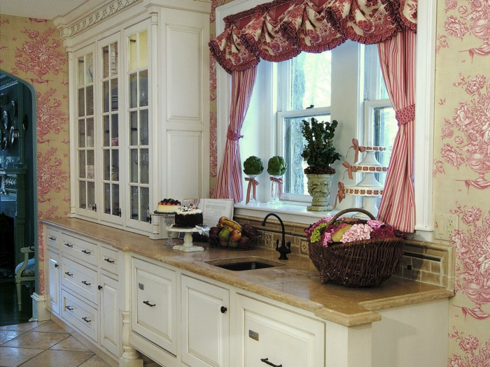Küchen-Tapeten-romantisches-Muster-elegante-Gardinen