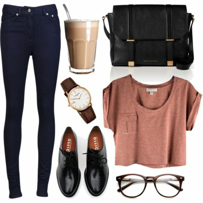 Straßenmode-Frauen-Alltag-Kleidung-Jeans-Top-Oxford-Schuhe-klassisches-Modell-Uhr-Cappuccino-große-schwarze-Tasche-nerd-brille