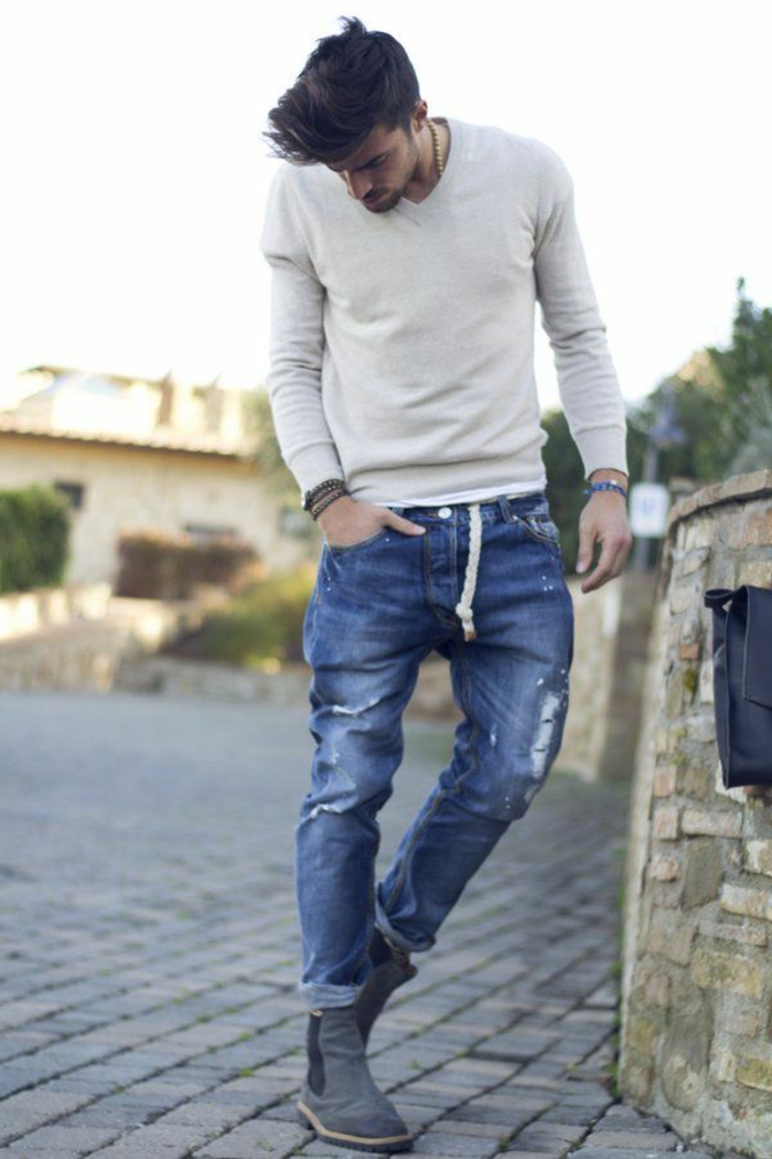 Straßenmode-Herren-zerrissene-Jeans-leichter-Pullover-V-Ausschnitt