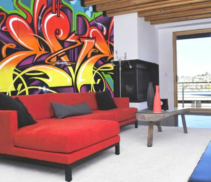 Wohnzimmer-attraktive-Dekoration-Graffiti-kreative-Idee