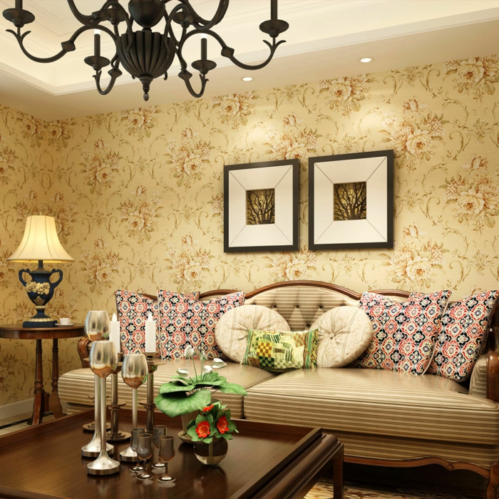 Wohnzimmer-gemütliches-Interieur-vintage-Tapeten-Wandbilder-Möbel-feines-Design