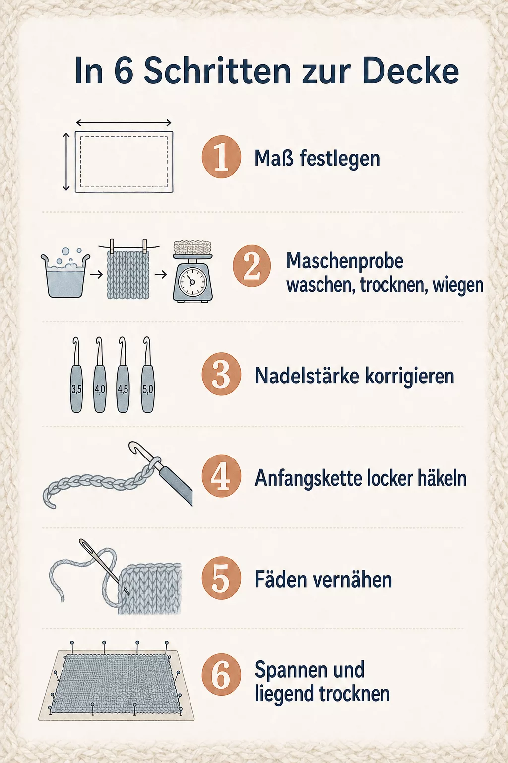 Infografik mit sechs Schritten zum Häkeln einer Decke