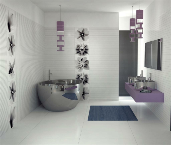 elegantes-Badezimmer-Interieur-lila-Akzente-coole-deko-ideen-hängende-Leuchten