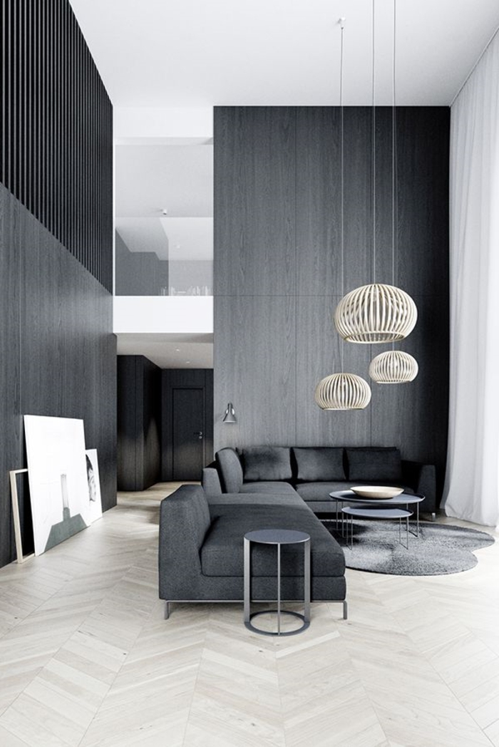 große-moderne-Wohnung-schwarz-graues-Interieur-Designer-Leuchten