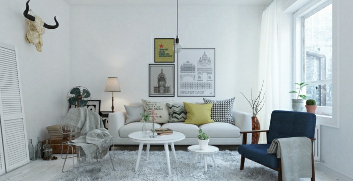 interessantes-Wohnzimmer-Interieur-rustikale-Elemente-weißer-Teppich