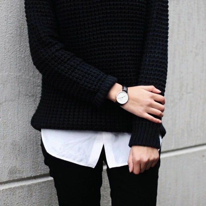 klassischer-Outfit-schwarzer-Pullover-weißes-Hemd-schwarze-Hosen-Handuhr