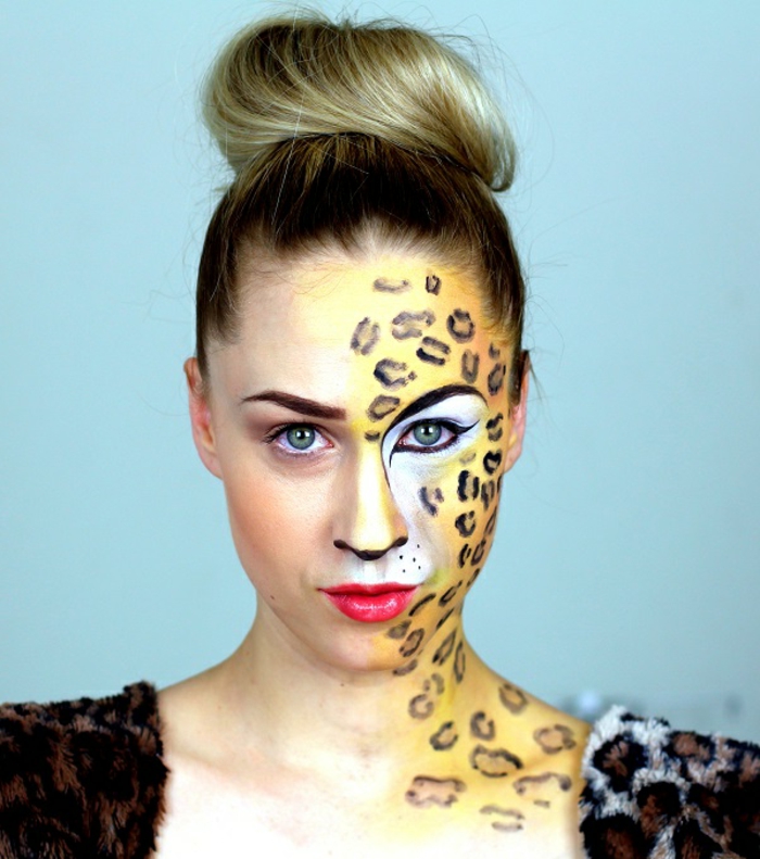 leopard-gesicht-schminken-hochgesteckte-haare-schöne-dame