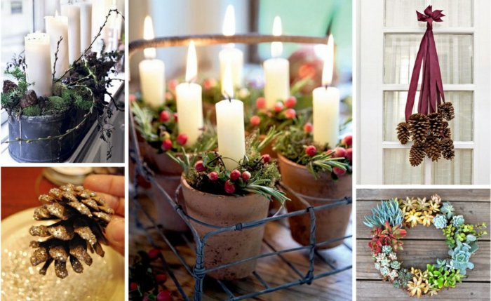 lreative-weihnachtsdeko-ideen-Zapfen-dekorative-Sterne-Kerzen-in-Blumentöpfen-Türdekoration
