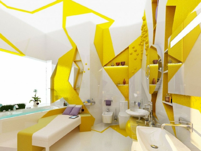luxuriöses-Badezimmer-Interieur-weiß-gelb-Dekoration-geometrische-Formen