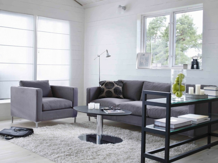 minimalistisches-Wohnzimmer-graue-Möbel-weißer-Teppich