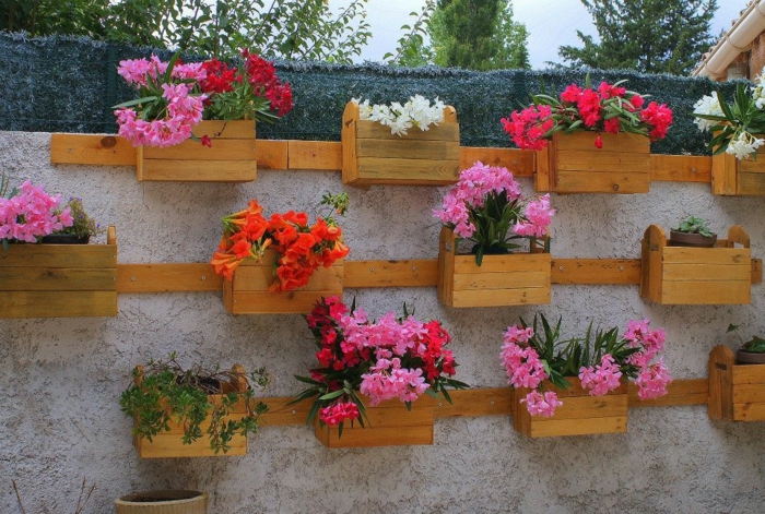 pflanzkübel-holz-blühende-blumen-und-wand