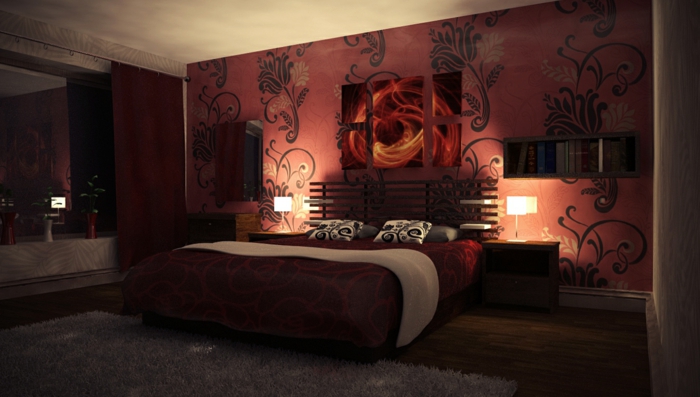 rote-wandfarbe-schlafzimmer-streichen-ideen-wunderschöne-wohnraumgestaltung