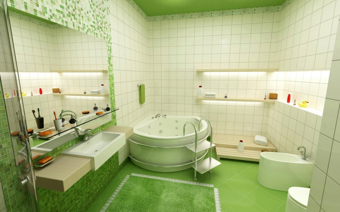 räumliches-Badezimmer-grüner-Boden-Zimmerdecke-bunte-Fliesen-halbrunde-Badewanne-Accessoires