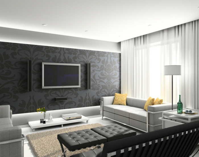 räumliches-Wohnzimmer-stilvolle-Möbel-Fernseher-Buddha-Figur-gelbe-Kissen-leseleuchte