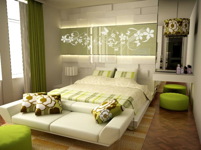 schlafzimmer-deko-ideen-modernes-bett-grüne-hocker
