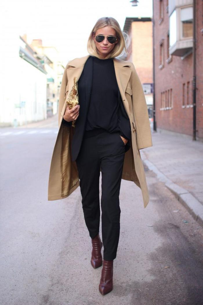 schwarze-elegante-Kleidung-wintermantel-Karamell-Farbe-weinrote-Schuhe
