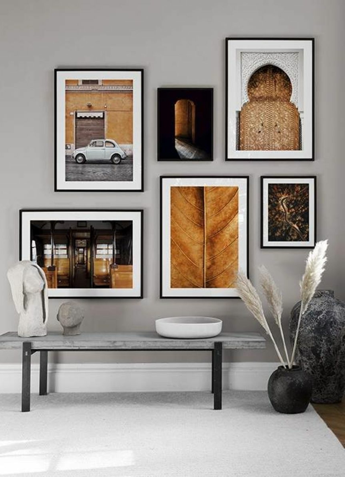 Komposition von sechs Bilder in ocker Töne, Wandbilder Wohnzimmer, Bilder mit Rahmen, Foto von einem weißen Auto