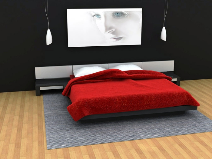 wandfarben-für-schlafzimmer-schwarz-weiße-streichideen-wände-bett-in-rot