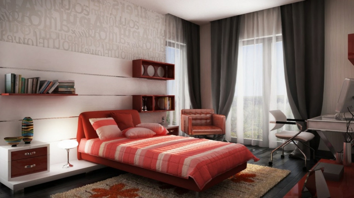 weiße-schlafzimmer-wandfarbe-bett-in-rot