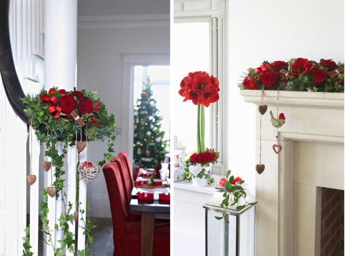 wunderschöne-Weihnachtsdeko-rote-Blumen-hängende-dekorative-Herzen