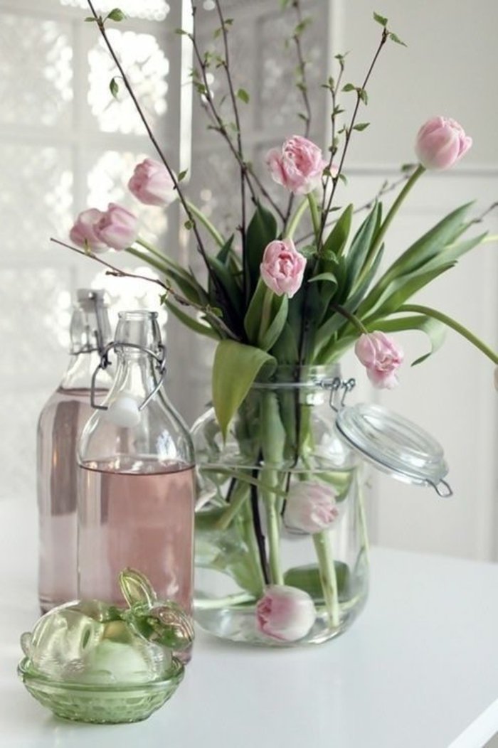 Glasvasen-Deko-blumenvase-Flasche-rosa-Tulpen