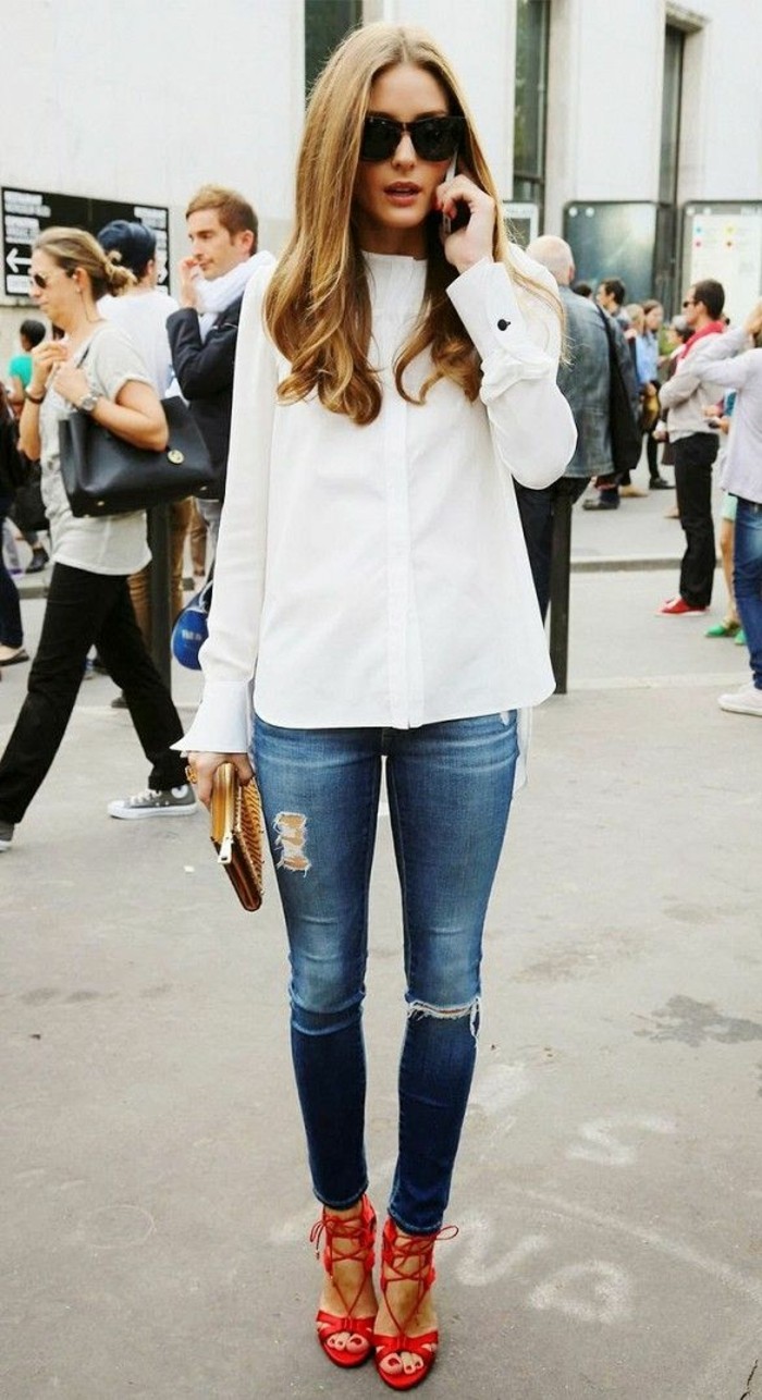 Olivia-Palermo-skinny-jeans-damen-weißes-Hemd-rote-elegante-sandalen