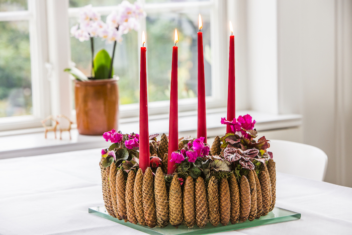DIY Adventskranz aus Tannenzapfen und echten Blumen, vier rote Kerzen, Adventsdeko selber machen 