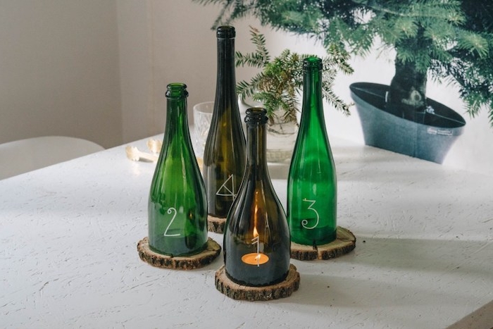 Alternative Idee für DIY Adventskranz, Teelichter in Flaschen steken, Flaschen nummerieren 