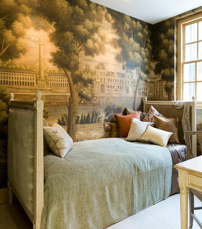 ausgefallene-tapeten-im-Schlafzimmer-vintage-Flair-aristokratische-Atmosphäre