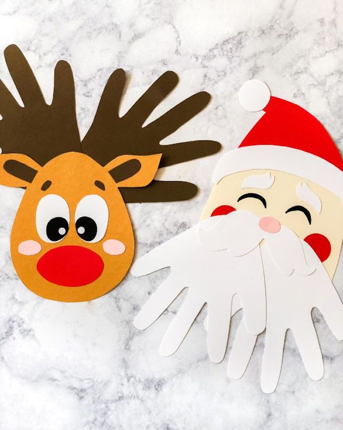 Weihnachtsmann und Rentier aus Karton basteln, Handabdrücke für Hörner und Bart, einfache weihnachtsbasteleien