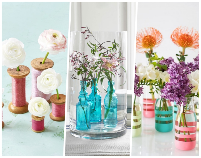 blumen tischdeko, weiße blüten, blaue glasflaschen, große vase, rosa kordel, deko selber machen