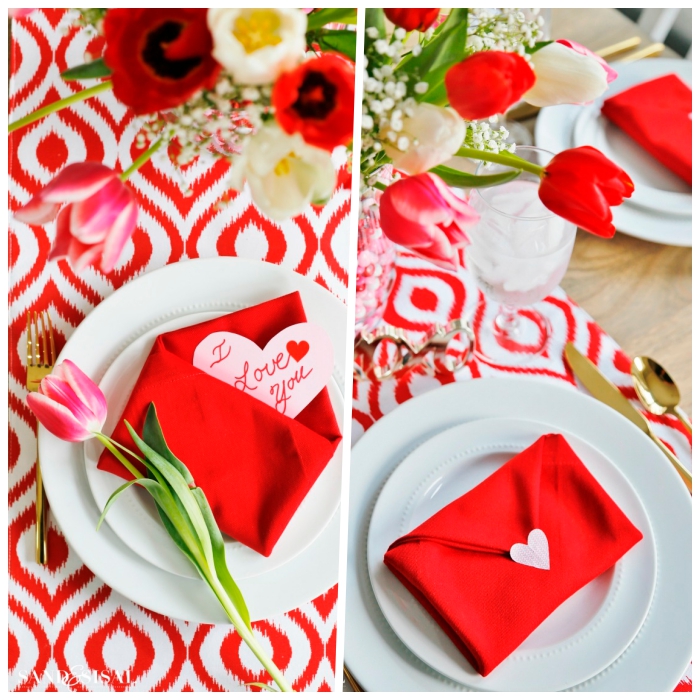 deko tisch zu valentinstag, rote servietten in der form von briefumschlägen, vase mit tulpen