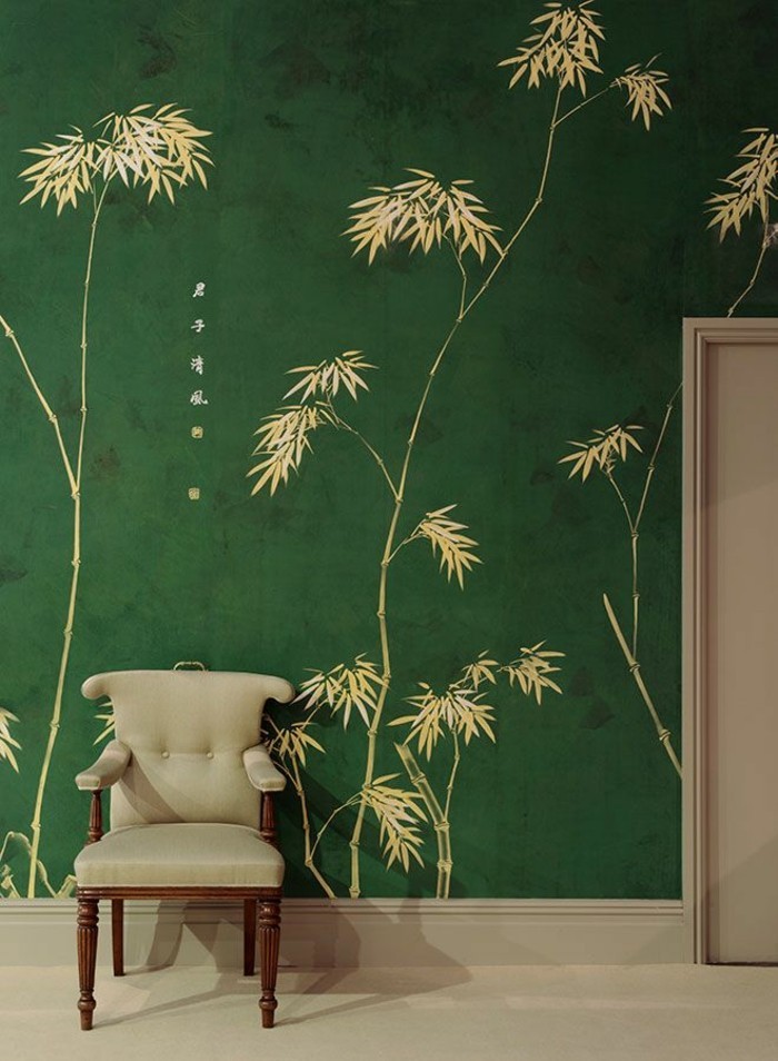 elegantes-tapeten-design-grüner-Hintergrund-beige-Blätter